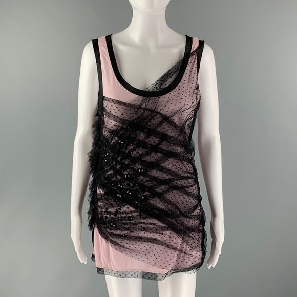 VALENTINO Size 8 Pink Black Cotton Blend Ruched Sleeveless Dress Top - Picture 1 of 5